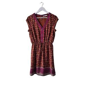 DR2 Dark Cinnamon Vneck Cap Sleeve Elastic Waist Border Print Floral Dress - S